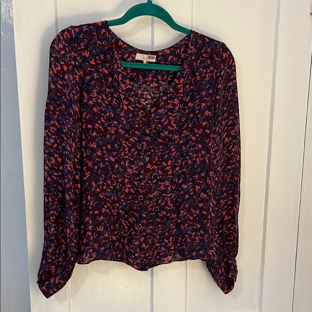 Parker Floral Print Blouse - blue burgundy and pink silk blend
